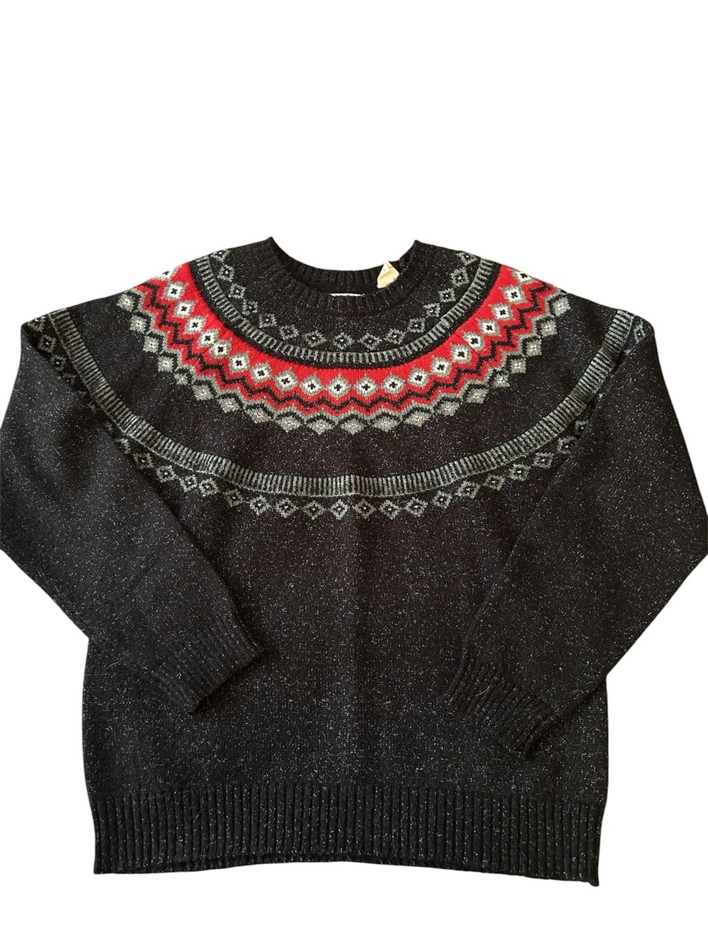 Women's Weatherproof Black Fair Isle Crewneck Sweater with Red Accents